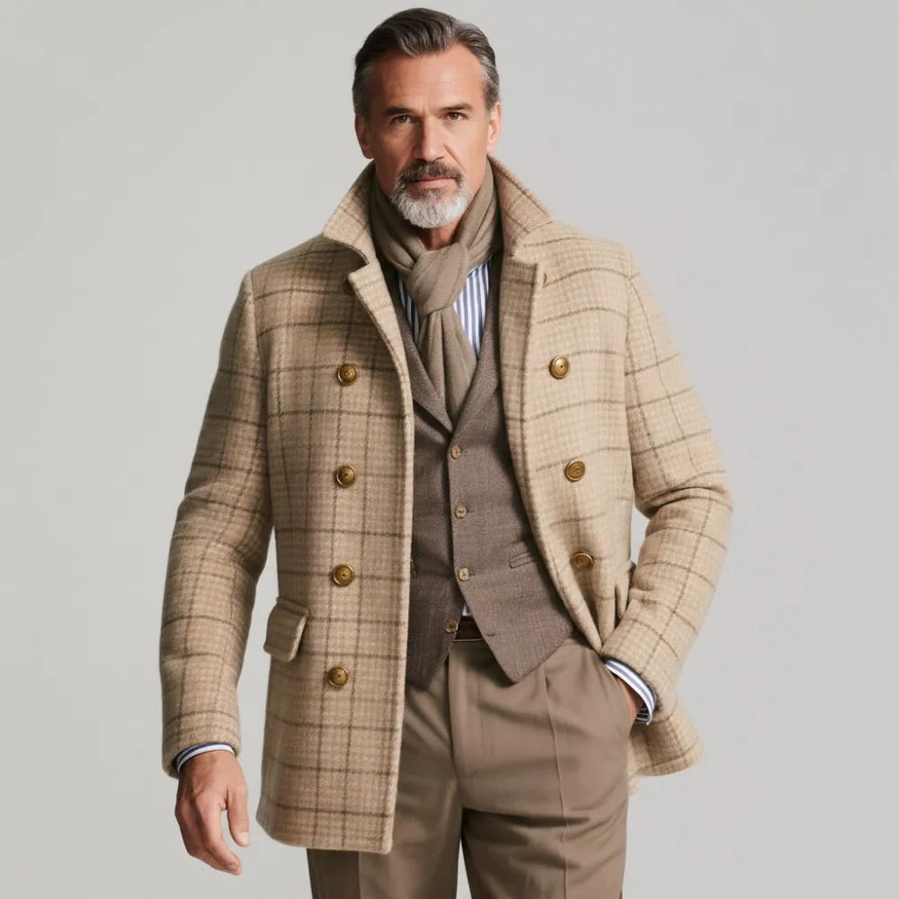 Men's Beige Plaid Turndown Collar Double Breasted Long Sleeve Coat