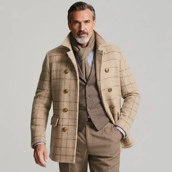 Men's Beige Plaid Turndown Collar Double Breasted Long Sleeve Coat