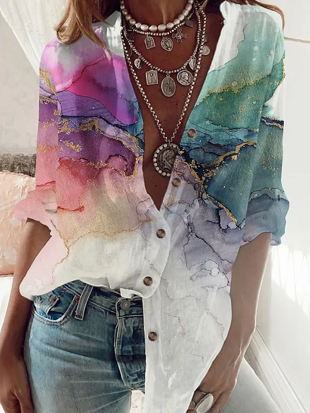 Women's Shirt Tunic Blouse Graphic Abstract Button Print Holiday Weekend Streetwear Casual Long Sleeve Standing Collar Green Spring Fall