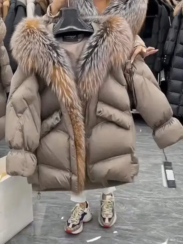 Mid - length Down Jacket with a Fur - trimmed Hood