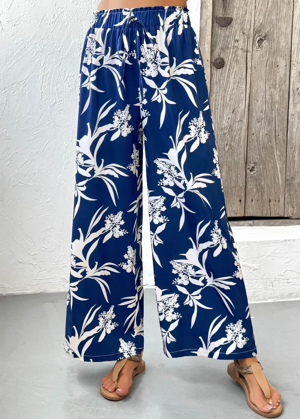 Dark Blue Plants Print Wide Leg Elastic Waist Pants