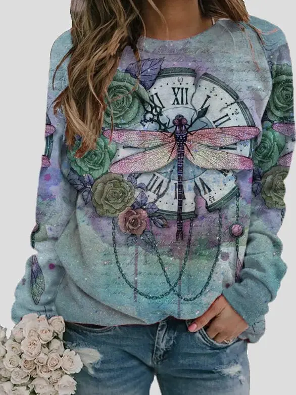 Women's T-Shirts Retro Dragonfly Print Round Neck Long Sleeve T-Shirt（⚡Clearance Sale）