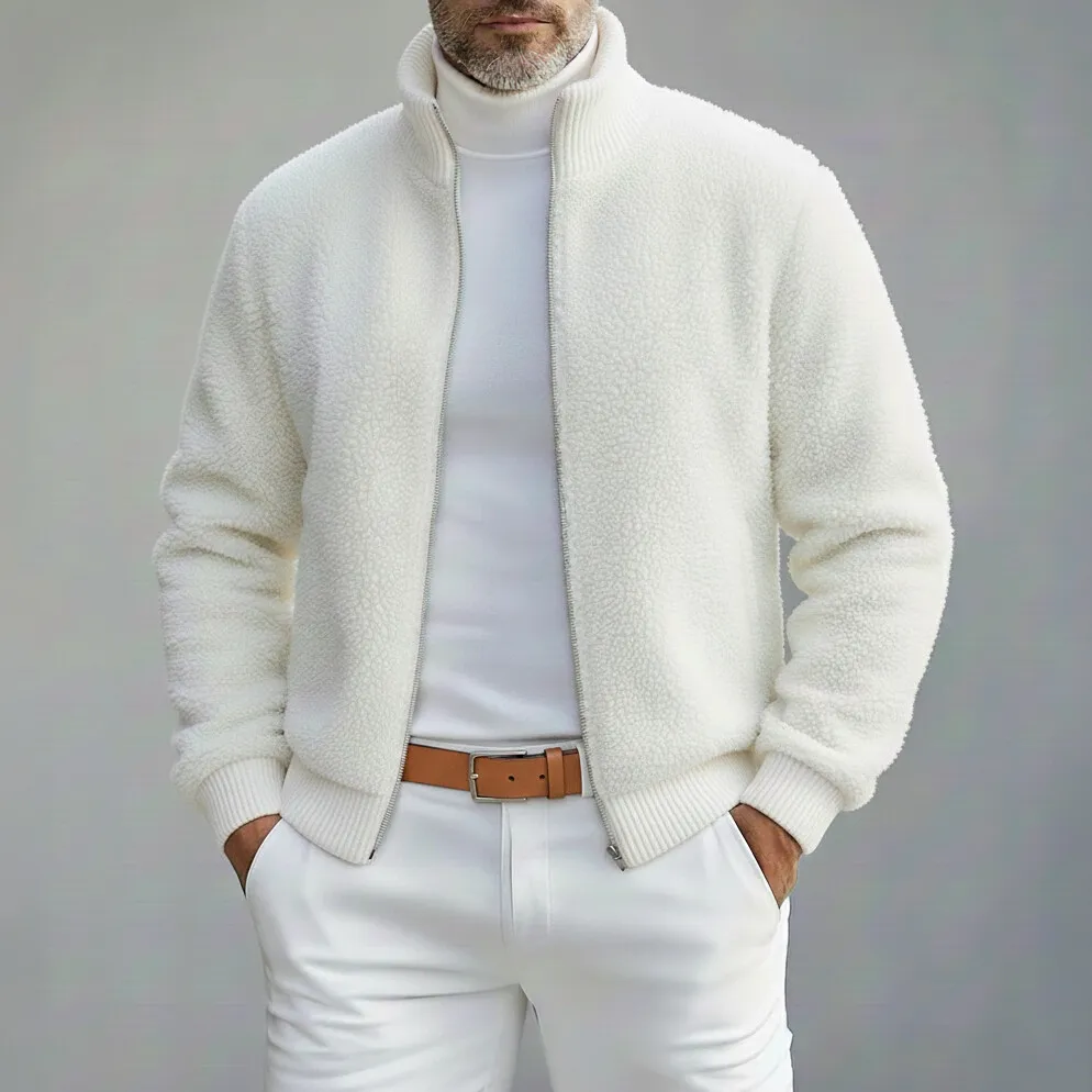 Men's White Teddy Fleece Stand Collar Long Sleeve Zip Up Jacket