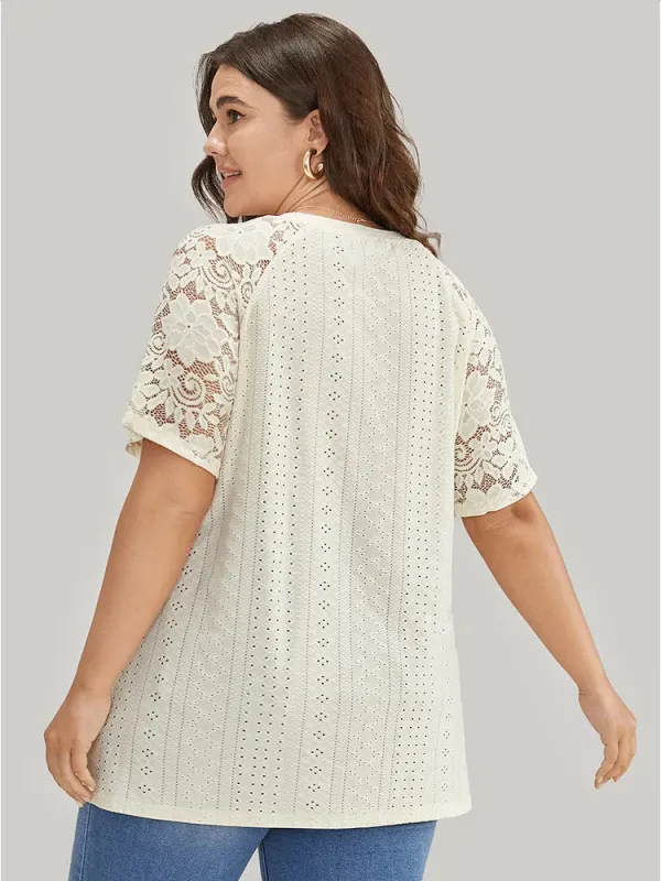 Solid Broderie Anglaise Lace Raglan Sleeve T-shirt
