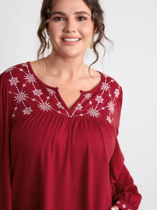 Holiday Embroidered Neckline Pleated Knit Top