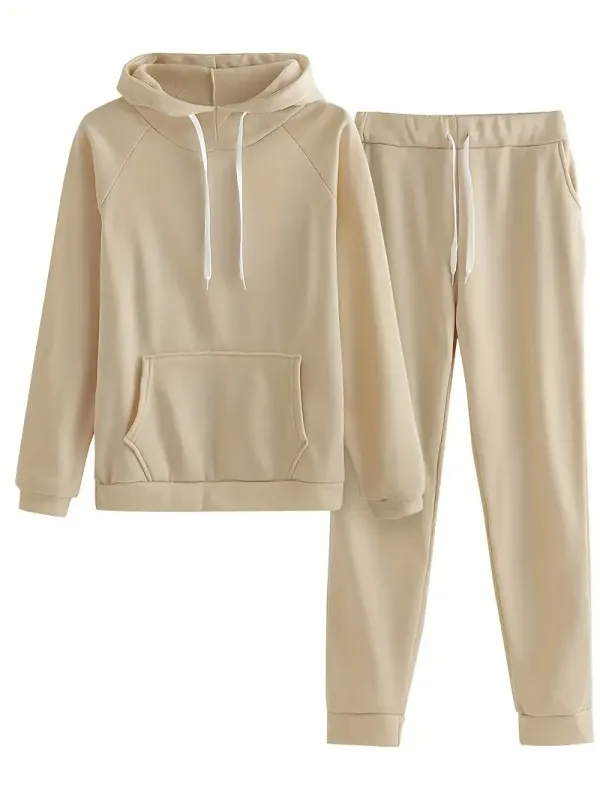 Trendy Solid Womens Two-Piece Set - Comfy Hoodie with Kangaroo Pockets & Drawstring Pants Outfit - Casual, Stylish, Versatile Wardrobe Essential