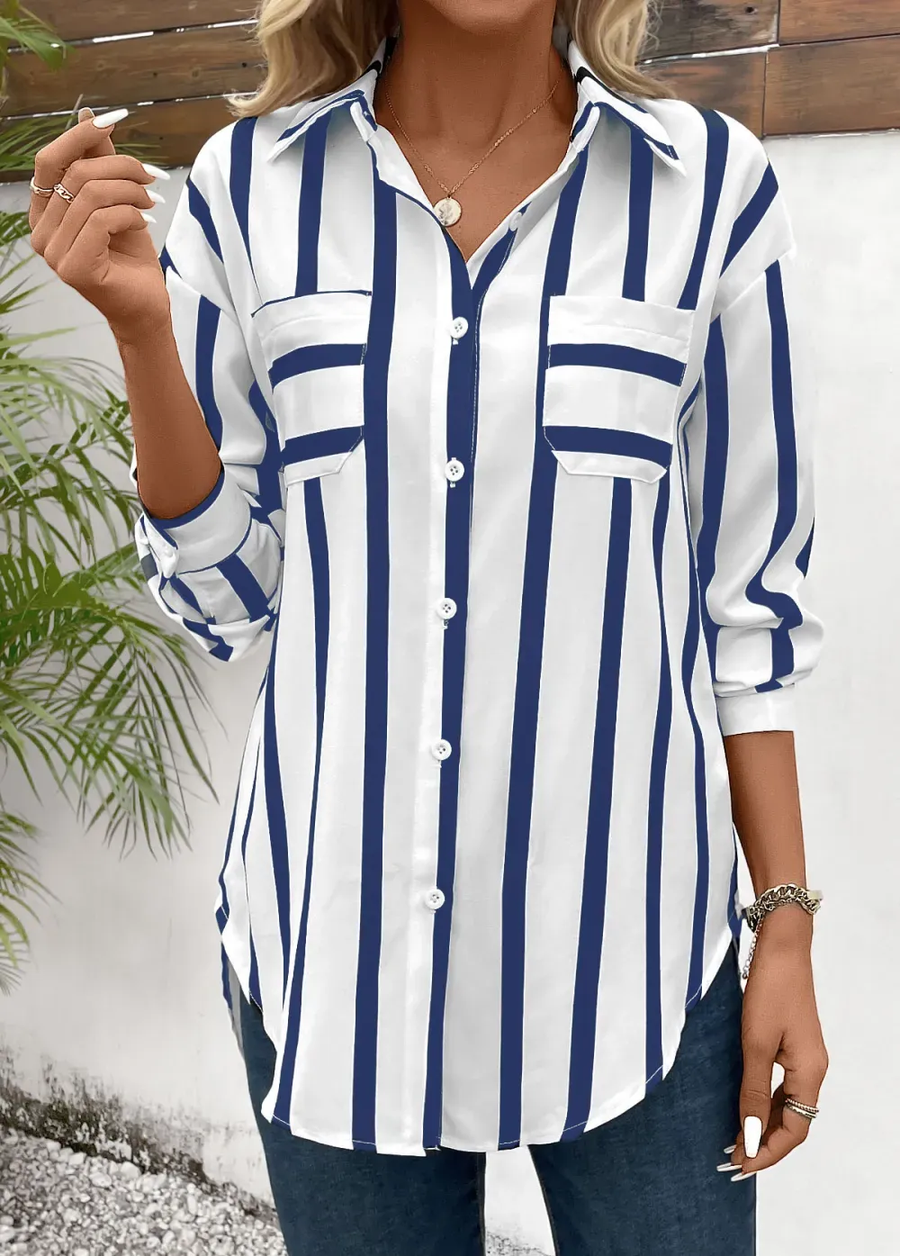 Blue Button Striped Long Sleeve Shirt