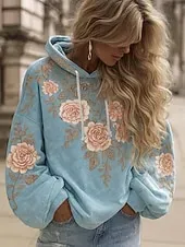 Women's Pullover Hoodie Sweatshirt Floral Graphic Elegant Warm Active Long Sleeve Hooded Regular Tops Street Dailywear Casual Patchwork Print Yellow Pink Blue Light Purple Purple Spring Fall Winter