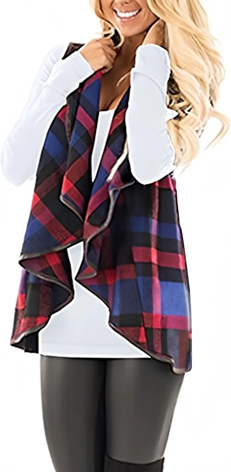 Womens Buffalo Plaid Vest Casual Lapel Open Front Sleeveless Cardigan Jacket Coat with Pockets