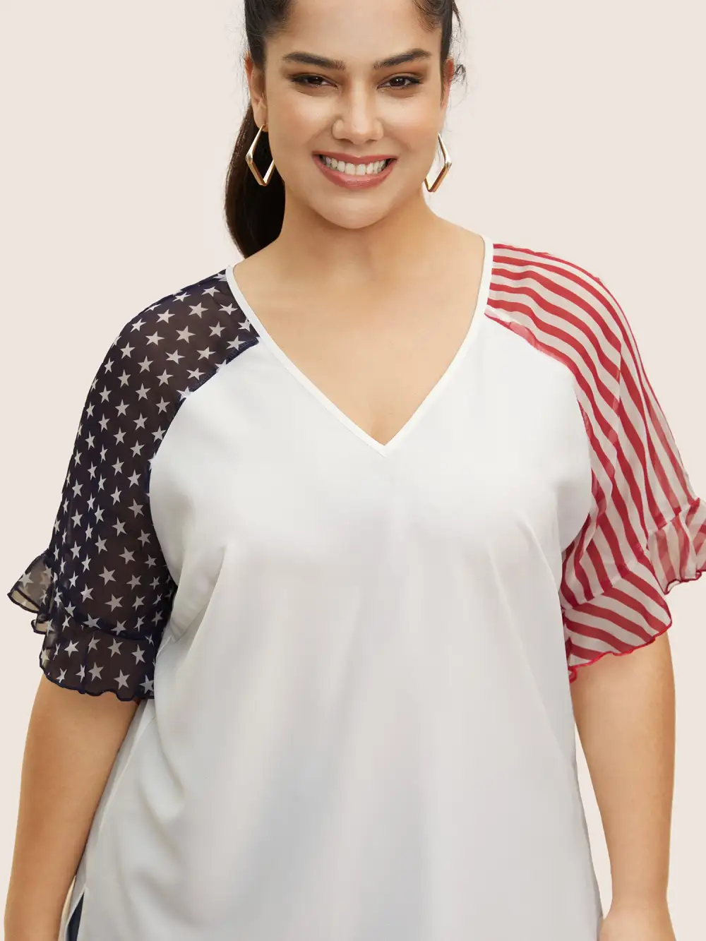 Star & Striped Ruffles Raglan Sleeve Blouse