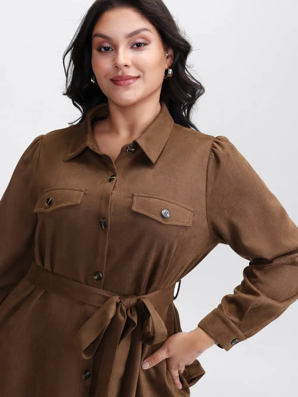 Suede Open-Front Belted Long Shirt