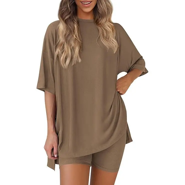 Women’s Oversized Lounge Set-Breathable Crewneck Top & Pocket Shorts