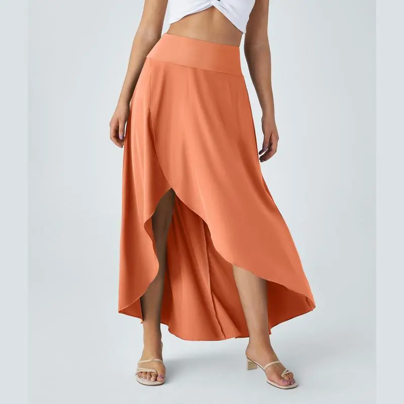 High Waisted 2-in-1 Maxi Skirt – Flowy, Quick-Dry, High-Low Hem with Ruffle Detail