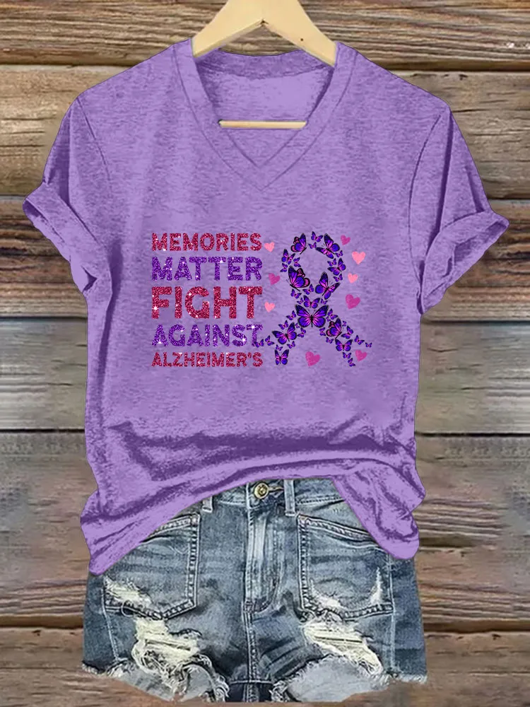 Women's Alzheimer's Print Casual V-Neck T-Shirt