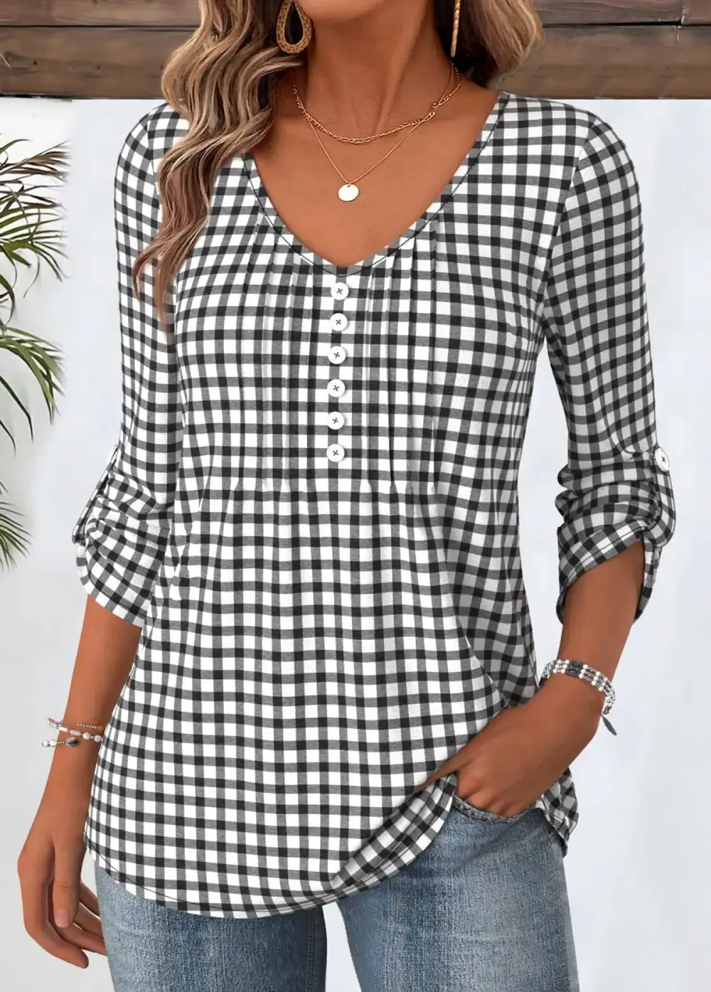 Black Tuck Stitch Plaid 3/4 Sleeve V Neck Blouse