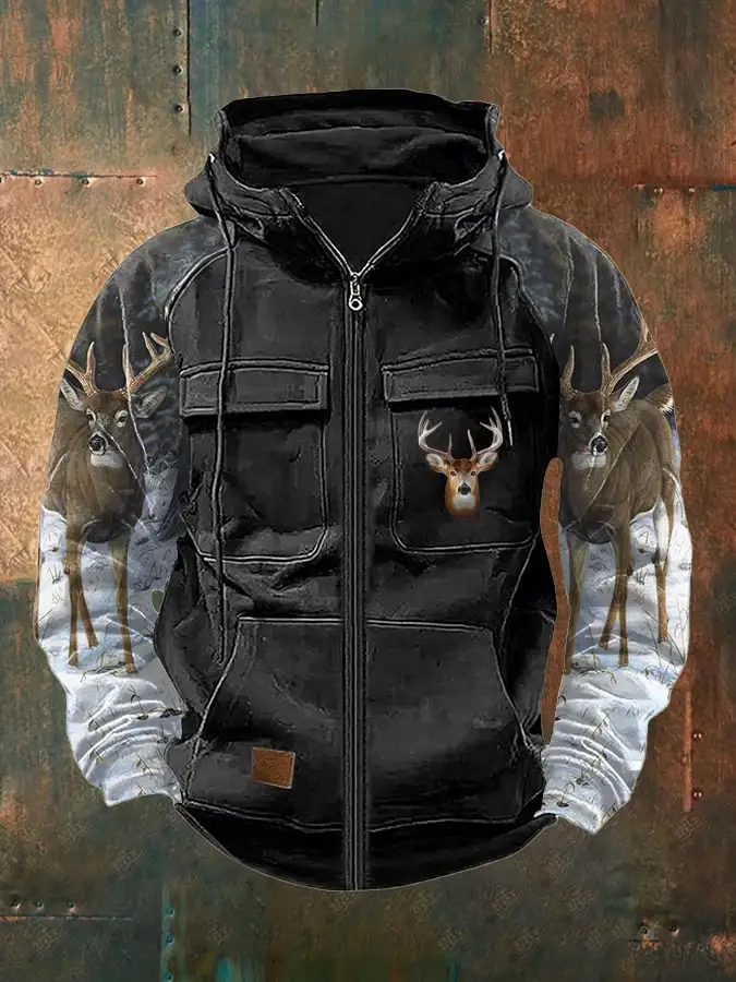 Men's Vintage Western Deer Print Multi-Pocket Jacket