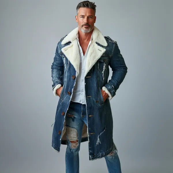 Men's Fashion Lapel Collar Single Breasted Pocket Fleece-Lined Ripped Denim Overcoat