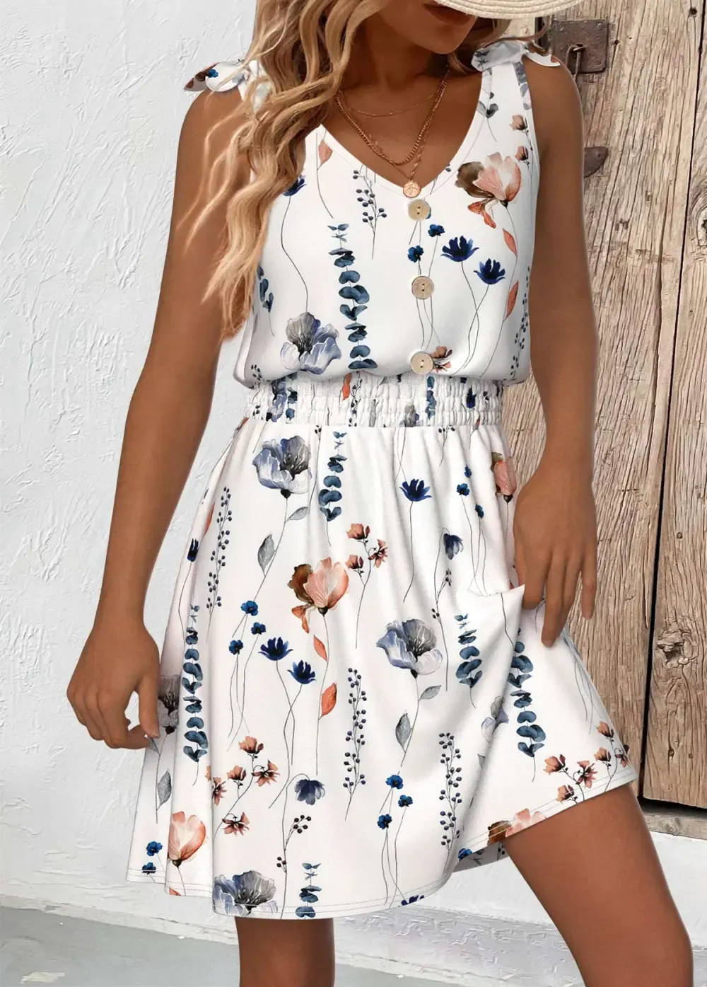 White Smocked Floral Print Short Sleeveless V Neck Dress