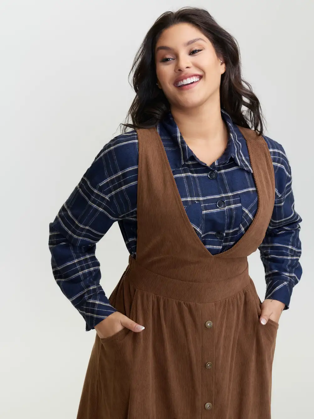 Corduroy Deep V-Neck Adjustable Midi Dress