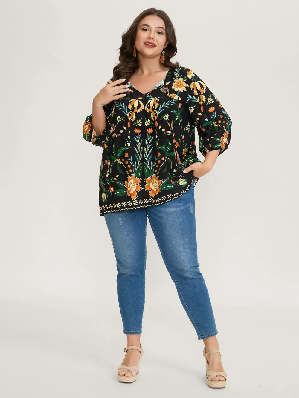 Rayon Boho Floral Neck Tie Blouse