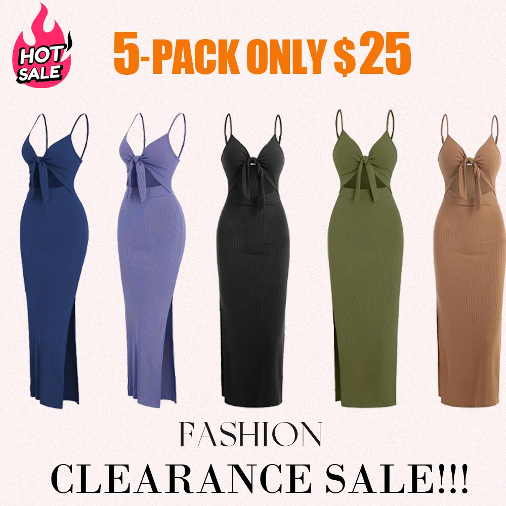 Women's Cut-Out Knot Front Cami Dress – Backless Ribbed Bodycon Maxi