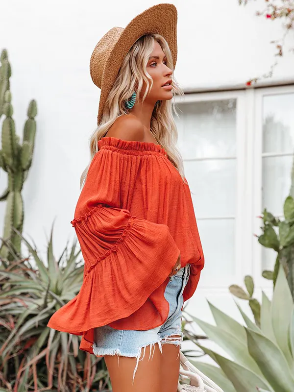 Urban Solid Color Pleated Puff Sleeves Off-The-Shoulder Blouse