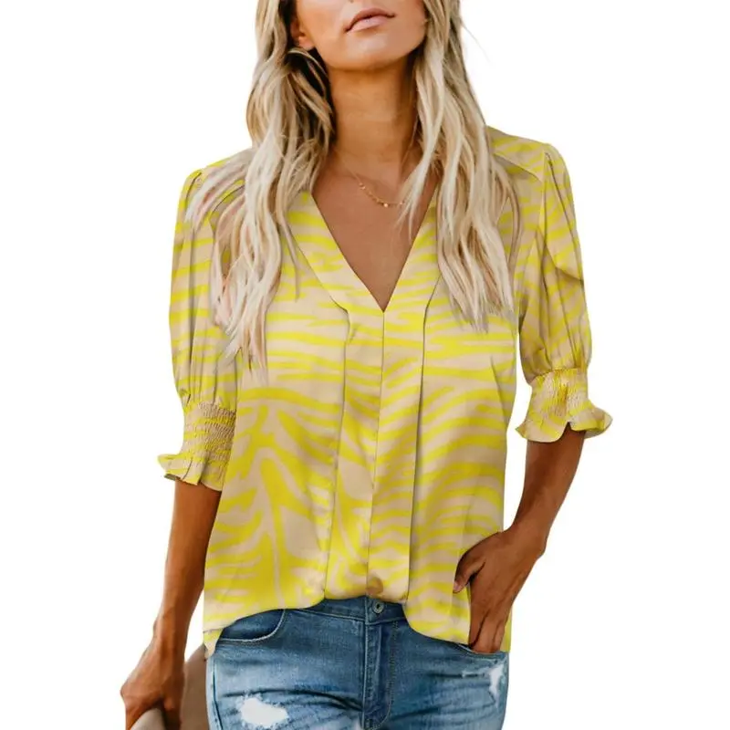 Women’s V-Neck Ruffle Sleeve Floral Blouse – Casual Lightweight Summer Tee 2025
