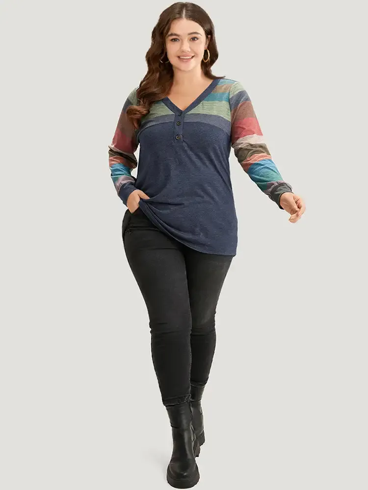 Colorblock Contrast V Neck Button Up T-Shirt