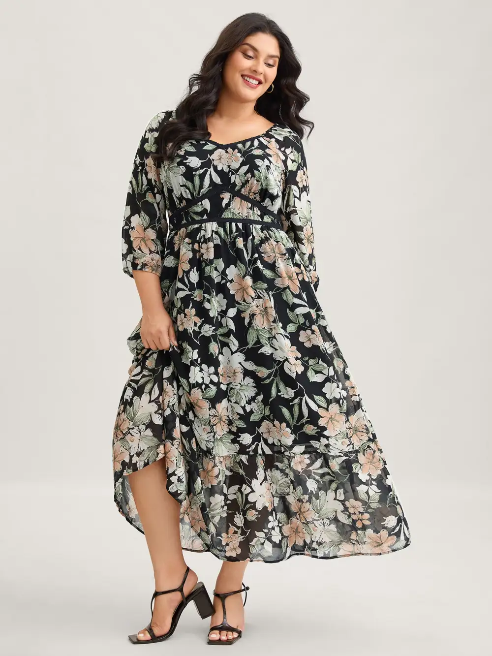 Floral Heart Neckline Woven Ribbon Gathered Dress