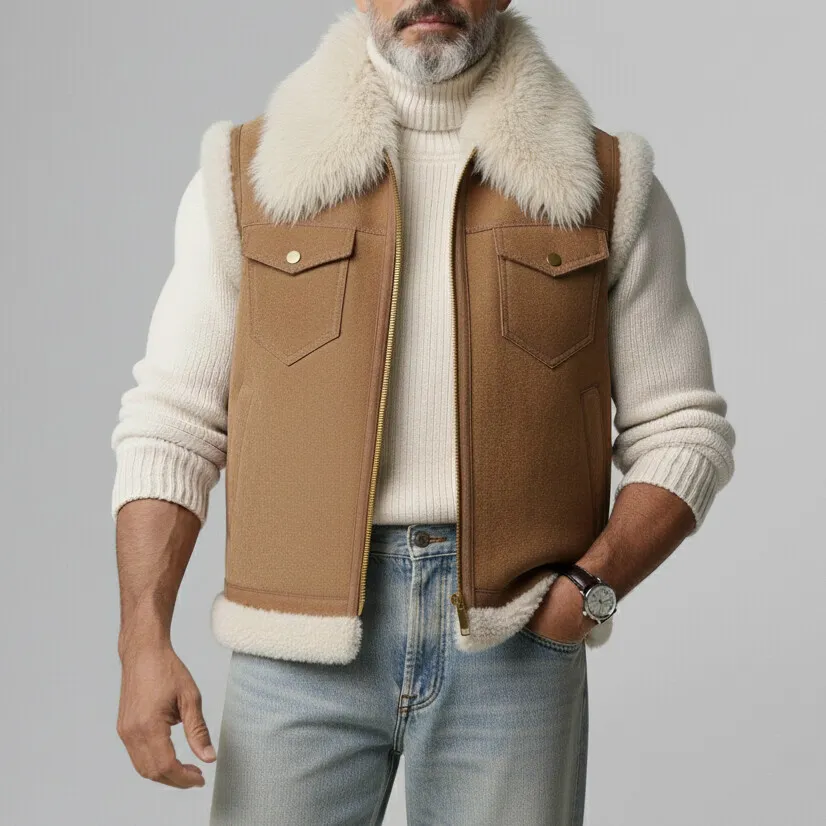 Men's Light Brown Plush Collar Chest Flap Pockets Zip Up Suede Vest