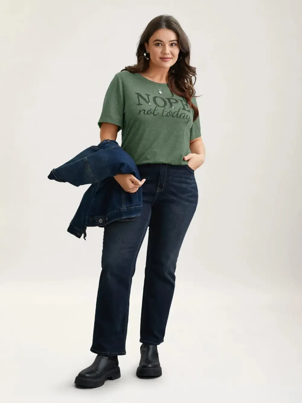 Nope Not Today Print Rhinestone Round Neck T-Shirt