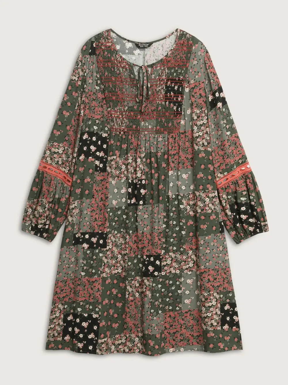 Floral Patchwork Shirred Pockets Midi Dress