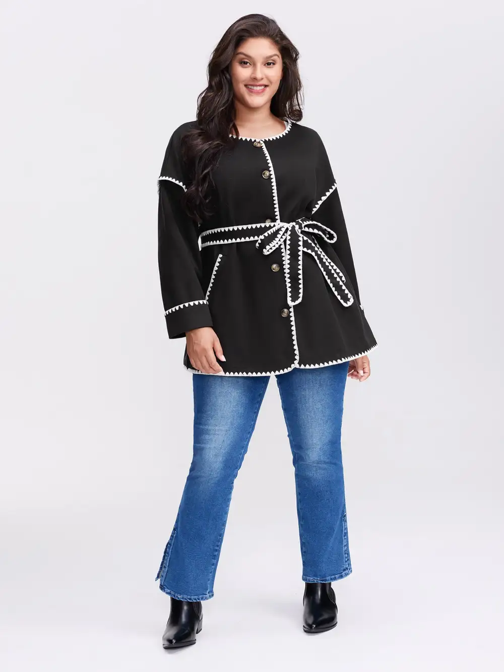 Overlock Stitch Color Contrast Belted Jacket