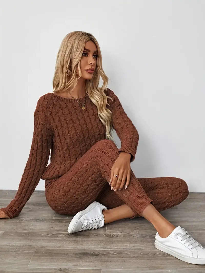 Solid Knitted Matching Two-piece Set, Casual Long Sleeve Sweater & Pants Outfits, Women's Clothing