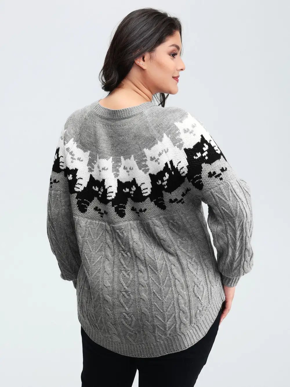 Color Block Cat Pattern Arc Hem Pullover