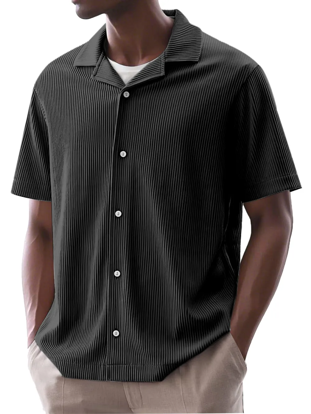 Men's Daily Simple Solid Color Ribbed Cuban Collar Short-sleeved Shirt