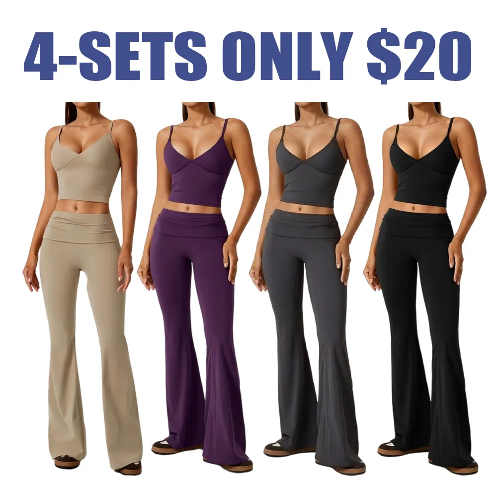Women's 2-Piece Deep V Crop Cami & Flared Pants Set: Back Hollow-Out, Butt-Lifting, for Yoga/Gym, Athletic Activewear