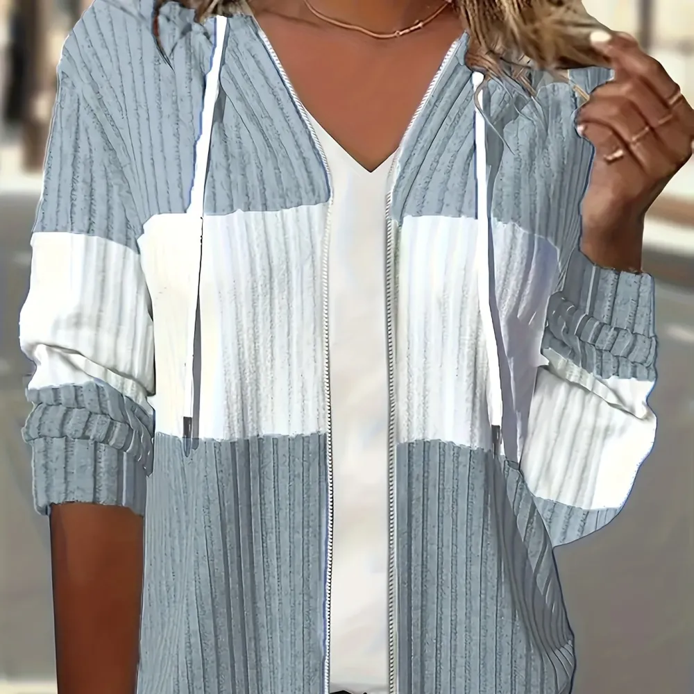 Vibrant Color Block Rib Knit Hoodie - Soft, Cozy, and Casual Long Sleeve Sweatshirt with Drawstring and Zip Up Closure
