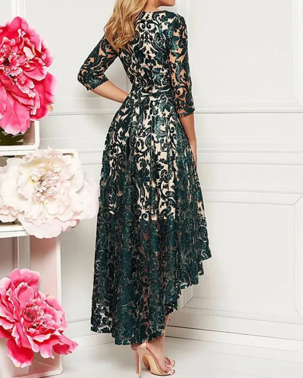 MIDI DRESS LACE SEQUINS IRREGULAR GOWN