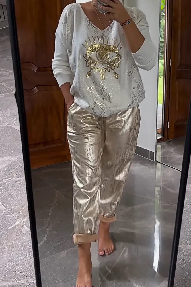 Women's fashionable sequin embroidered eye top & bronzing trousers two-piece set