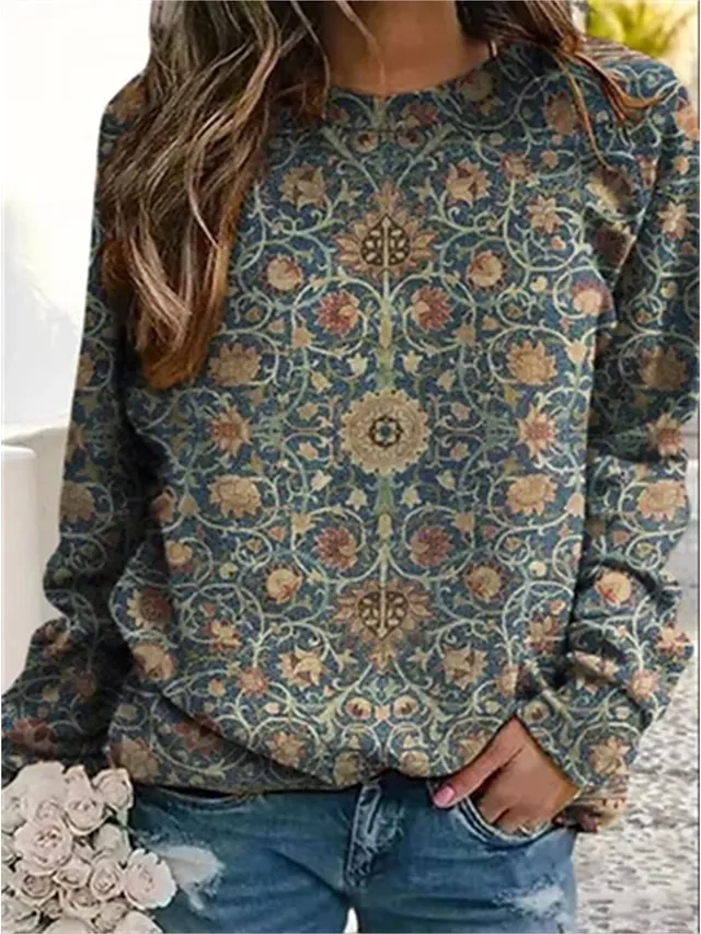 Women's Sweatshirt Pullover Vintage Sports Fashion Red Blue Green Floral Vintage Ethnic Street Casual Round Neck Long Sleeve Top Micro-elastic Fall & Winter