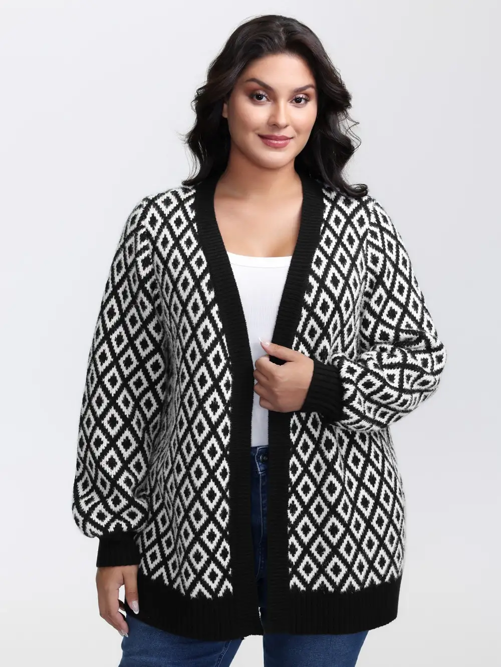 Mink Jacquard Diamond Pattern Knit Cardigan