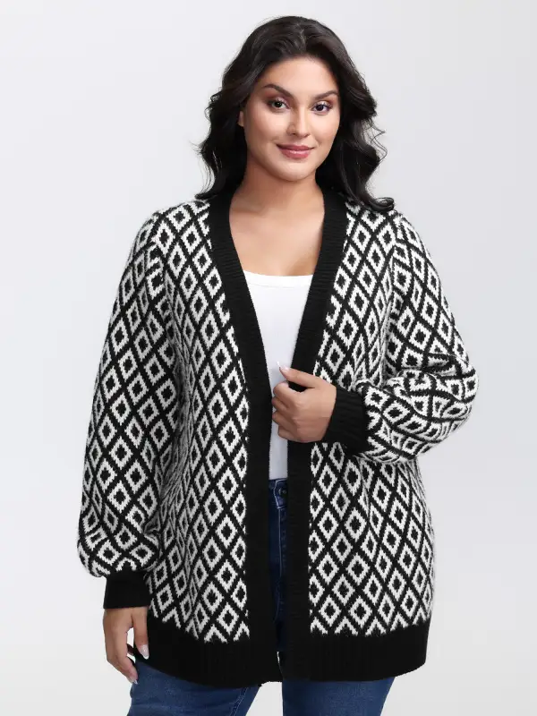 Mink Jacquard Diamond Pattern Knit Cardigan
