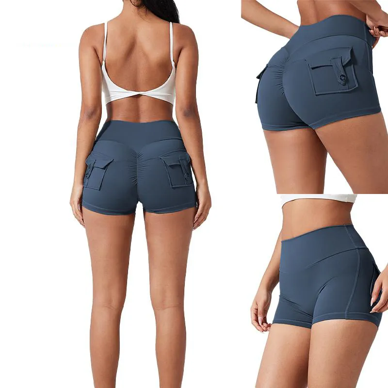 Women's All-Season High Waist Ruched Skinny Sports Shorts , Cool Breathable Solid Button Pocket , Yoga Gym Daily Errands Summer-Ready