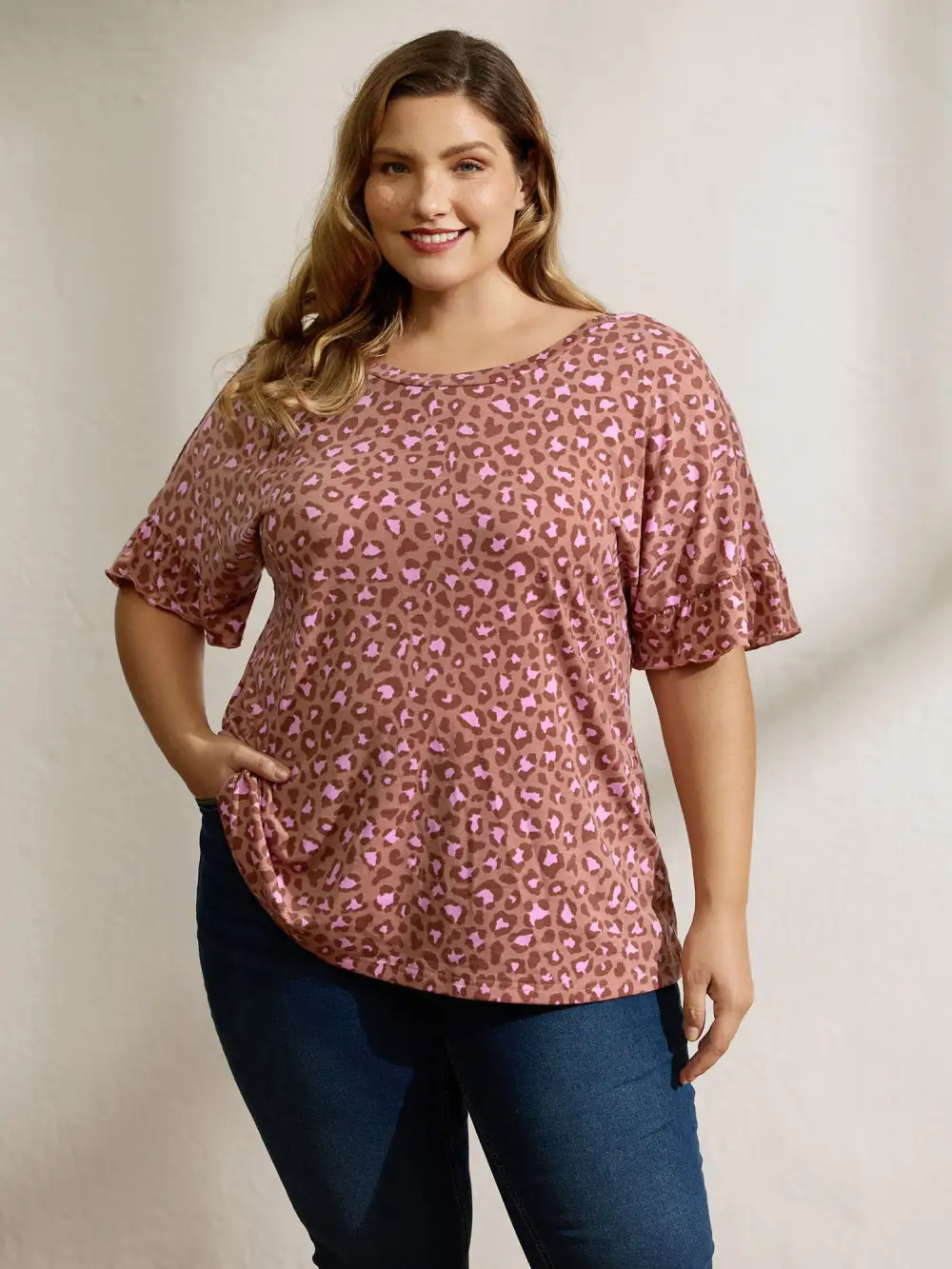 Blushing Leopard Print Cross-Strap Back T-Shirt