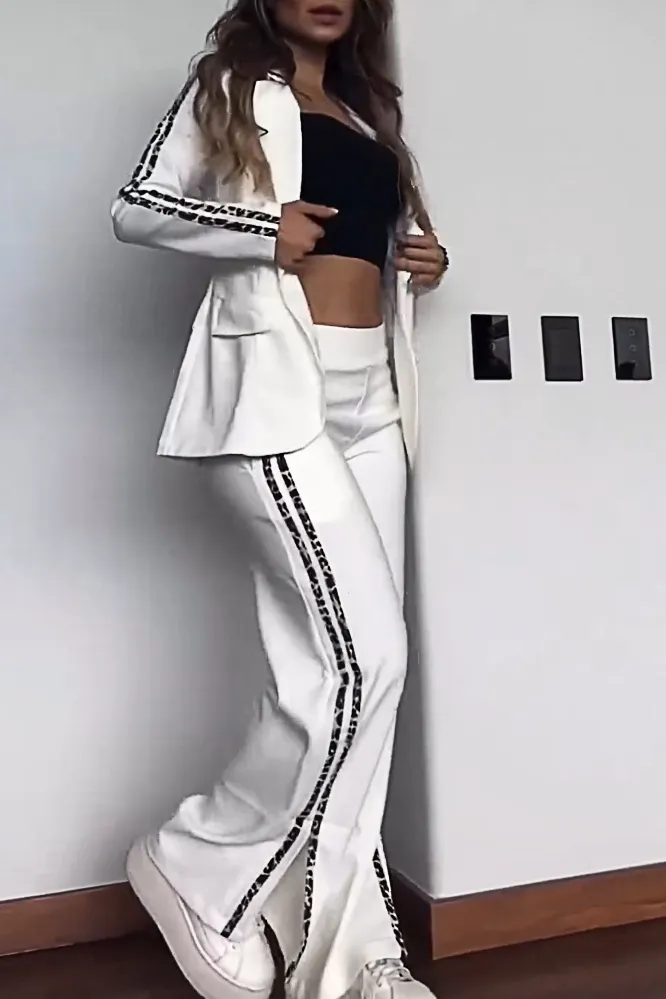 Women's Fashion Contrast Color Suit Jacket & Side Slit Pants