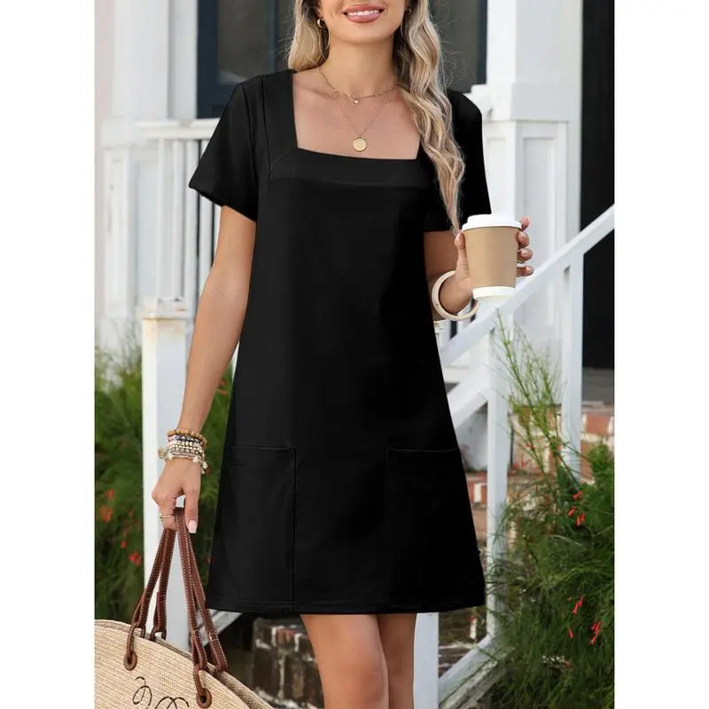 Women's Solid Color Square Neck Mini Dress with Pockets – Casual Short Sleeve Summer Outfit, Minimalist & Comfortable 2025 Daily Wear
