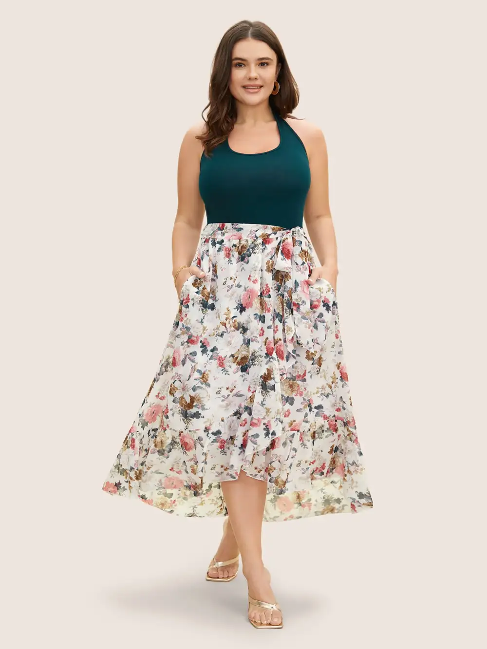 Halter Neck Patchwork Floral Belted Dress