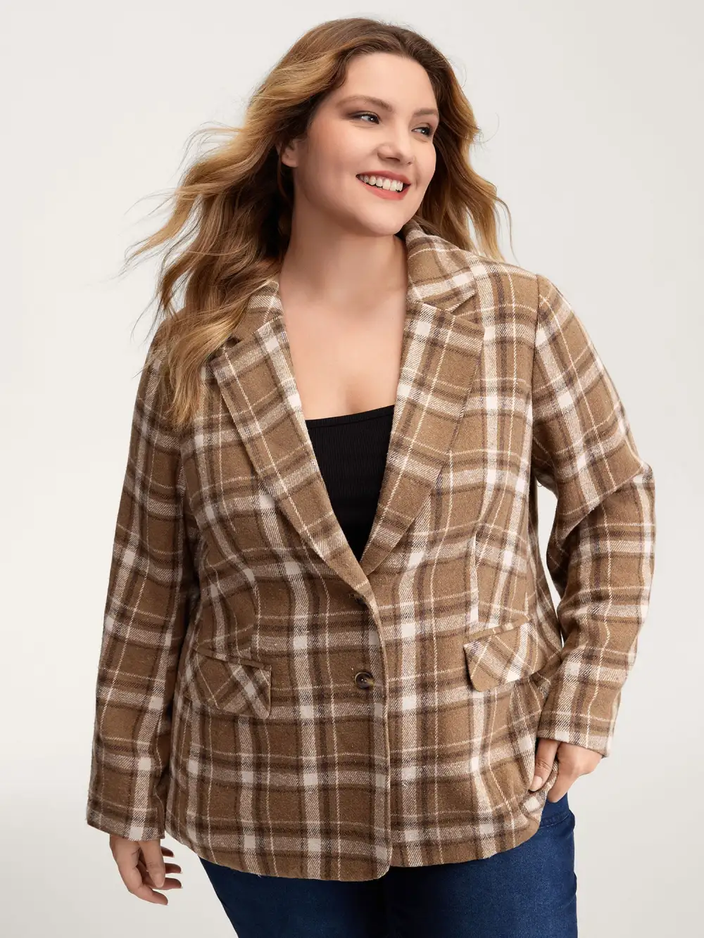 Plaid Pattern Button-Front Blazer