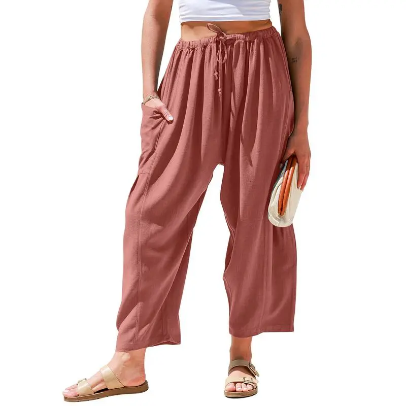 Women’s Oversized Linen Wide-Leg Pants – Casual Loose Fit Beach Palazzo Trousers with Pockets